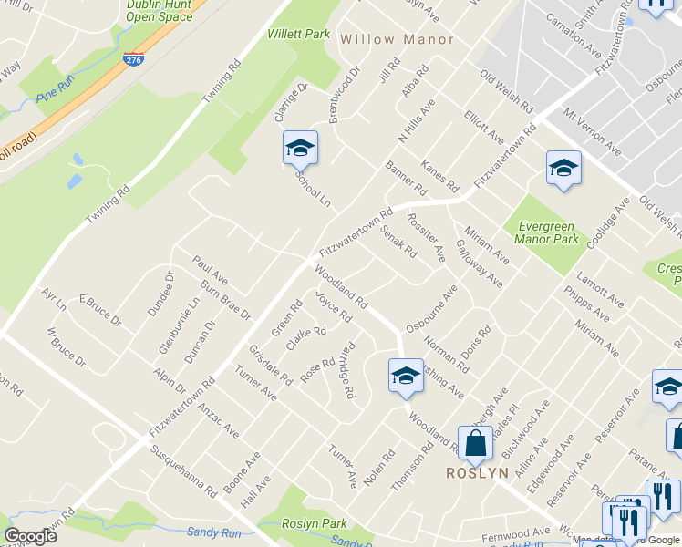 map of restaurants, bars, coffee shops, grocery stores, and more near 1410 White Owl Road in Abington