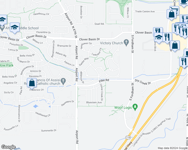 map of restaurants, bars, coffee shops, grocery stores, and more near 3614 Clover Creek Lane in Longmont