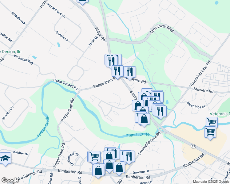 map of restaurants, bars, coffee shops, grocery stores, and more near 701 Donna Lane in Phoenixville