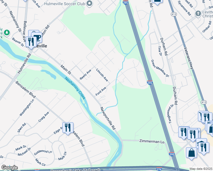 map of restaurants, bars, coffee shops, grocery stores, and more near 213 Ford Avenue in Hulmeville