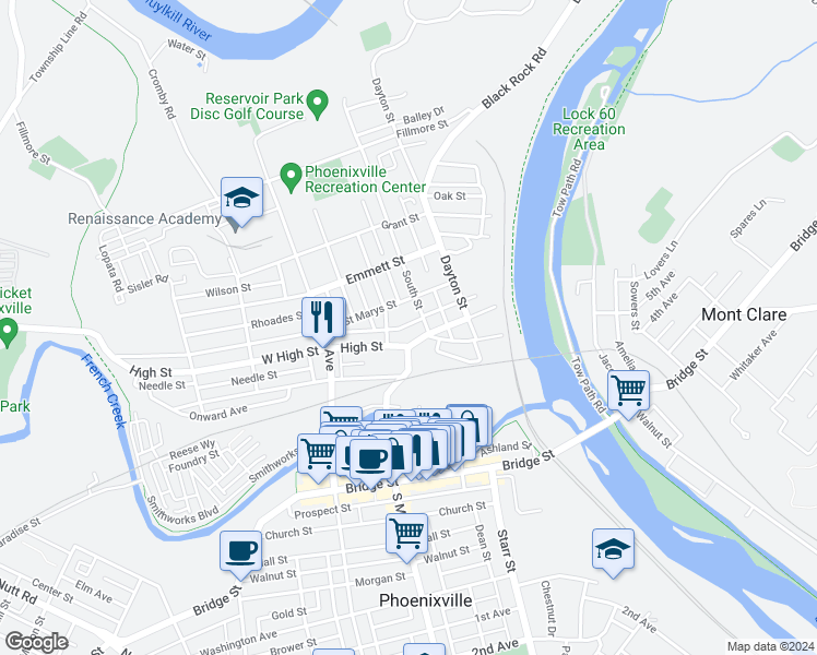 map of restaurants, bars, coffee shops, grocery stores, and more near 250 Penn Street in Phoenixville