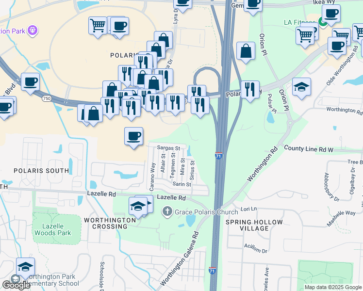 map of restaurants, bars, coffee shops, grocery stores, and more near 1562 Sargas Street in Columbus