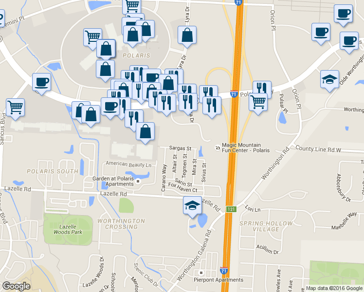 map of restaurants, bars, coffee shops, grocery stores, and more near 1530 Sargas Street in Columbus