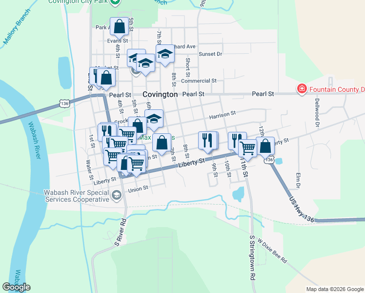 map of restaurants, bars, coffee shops, grocery stores, and more near 801 Washington Street in Covington