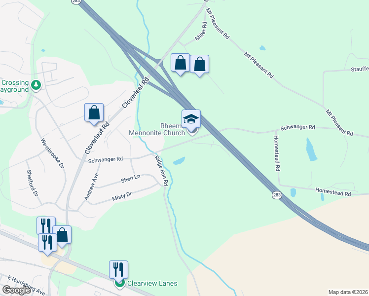 map of restaurants, bars, coffee shops, grocery stores, and more near 1466 Schwanger Road in Mount Joy