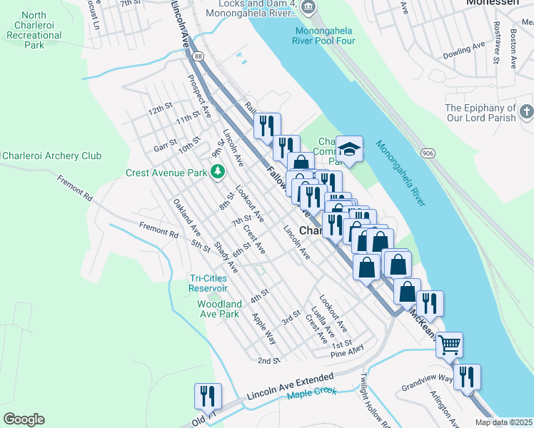 map of restaurants, bars, coffee shops, grocery stores, and more near 504 7th Street in Charleroi