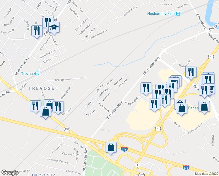 map of restaurants, bars, coffee shops, grocery stores, and more near 3541 Azalea Avenue in Feasterville-Trevose