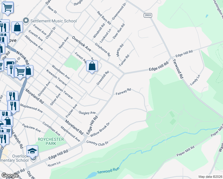 map of restaurants, bars, coffee shops, grocery stores, and more near 511 Woodcrest Road in Willow Grove