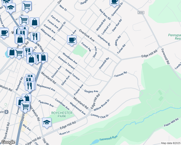 map of restaurants, bars, coffee shops, grocery stores, and more near 425 Woodlawn Avenue in Willow Grove