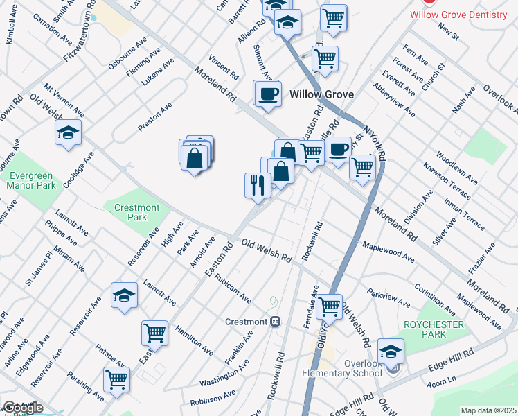 map of restaurants, bars, coffee shops, grocery stores, and more near 1843 Easton Rd in Willow Grove