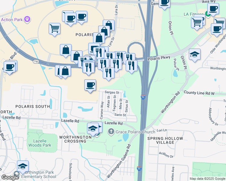 map of restaurants, bars, coffee shops, grocery stores, and more near 1530 Sargas Street in Columbus