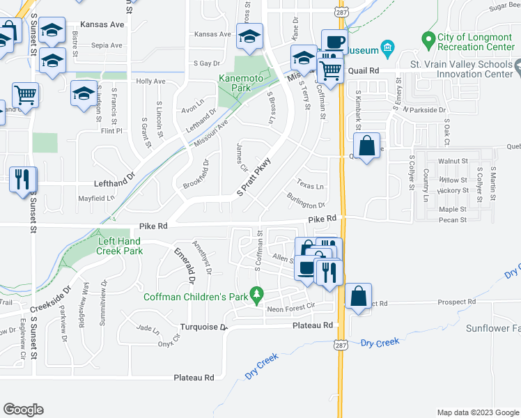 map of restaurants, bars, coffee shops, grocery stores, and more near 1603 South Coffman Street in Longmont