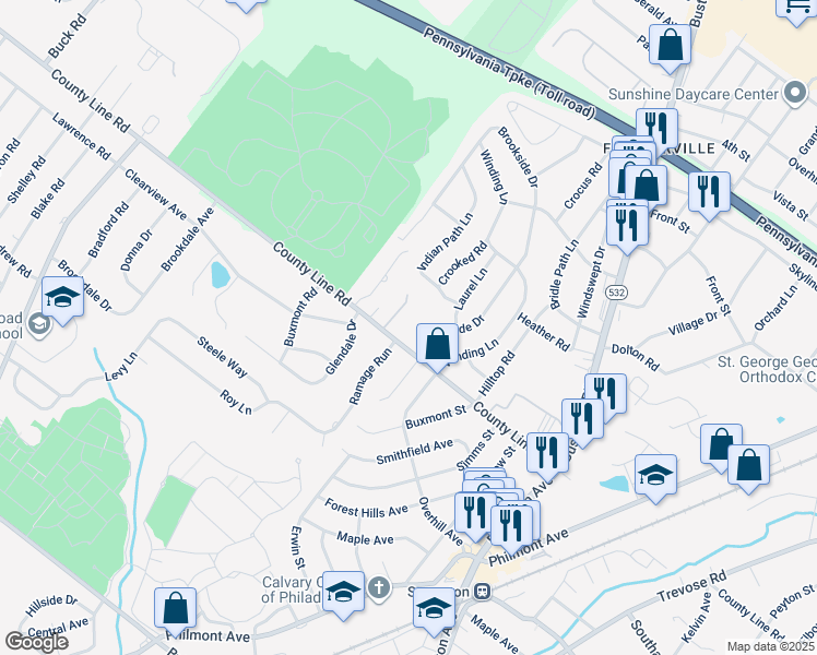 map of restaurants, bars, coffee shops, grocery stores, and more near 217 West County Line Road in Huntingdon Valley