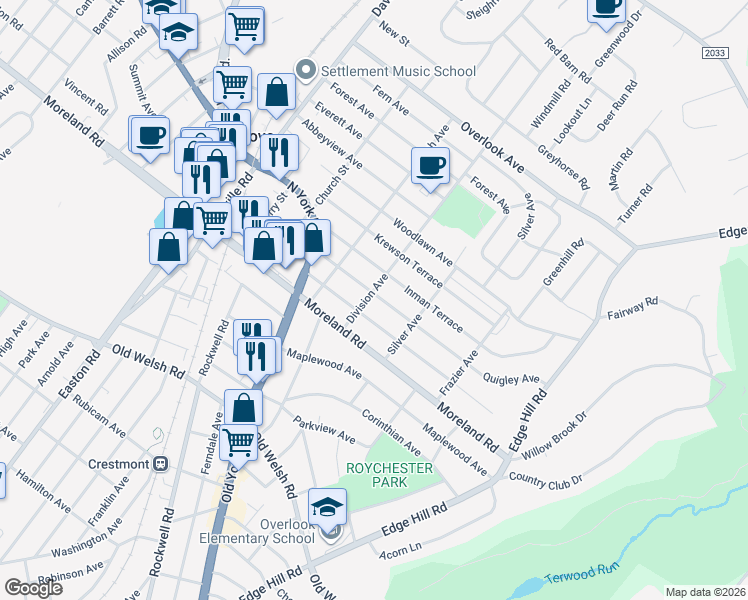 map of restaurants, bars, coffee shops, grocery stores, and more near 300 Quigley Avenue in Willow Grove