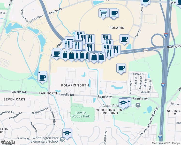 map of restaurants, bars, coffee shops, grocery stores, and more near 1223 Phoenician Way in Columbus