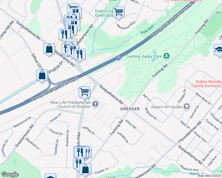 map of restaurants, bars, coffee shops, grocery stores, and more near 201 Brookdale Court in Dresher