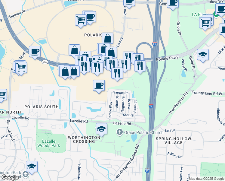 map of restaurants, bars, coffee shops, grocery stores, and more near 1482 Sargas Street in Columbus
