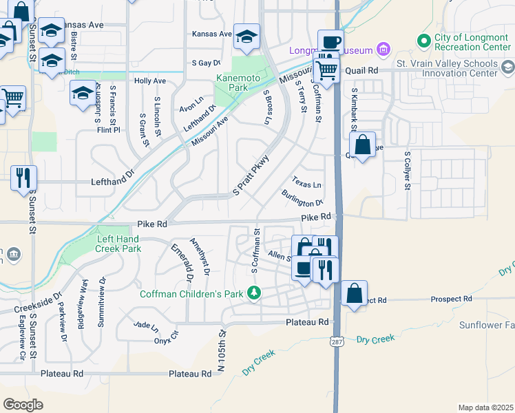 map of restaurants, bars, coffee shops, grocery stores, and more near 1603 South Coffman Street in Longmont