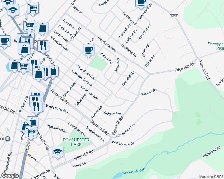 map of restaurants, bars, coffee shops, grocery stores, and more near 425 Woodlawn Avenue in Willow Grove