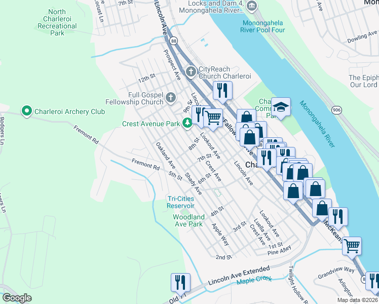 map of restaurants, bars, coffee shops, grocery stores, and more near 705 Crest Avenue in Charleroi
