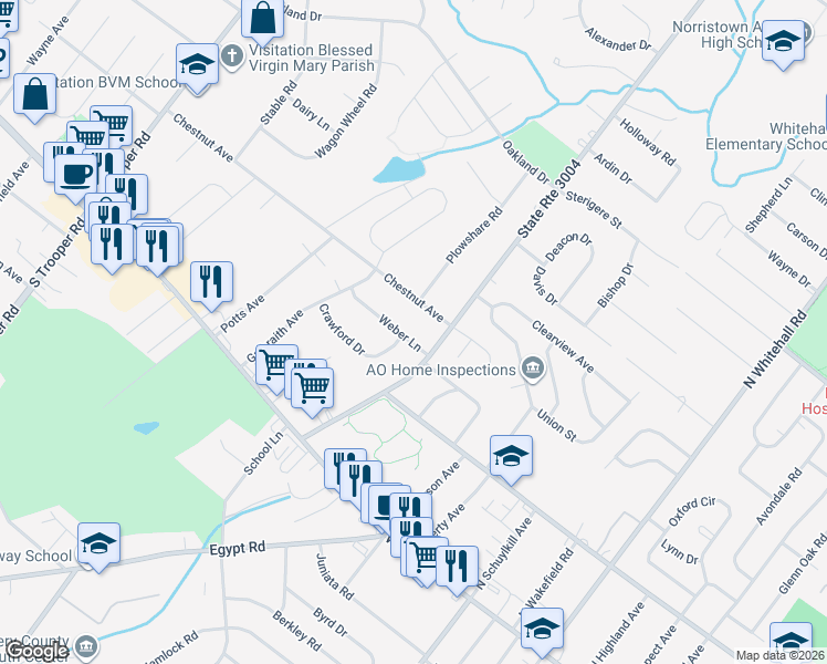 map of restaurants, bars, coffee shops, grocery stores, and more near 59 Crawford Drive in West Norriton