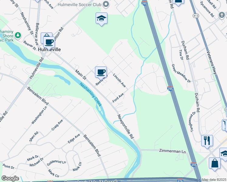 map of restaurants, bars, coffee shops, grocery stores, and more near 523 Washington Avenue in Hulmeville