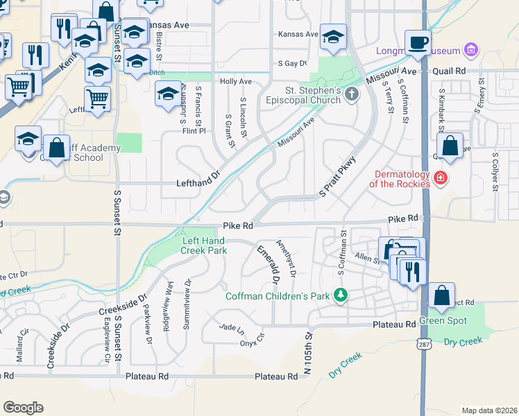 map of restaurants, bars, coffee shops, grocery stores, and more near 1812 South Pratt Parkway in Longmont
