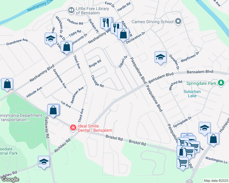 map of restaurants, bars, coffee shops, grocery stores, and more near 3301 Claridge Road in Bensalem