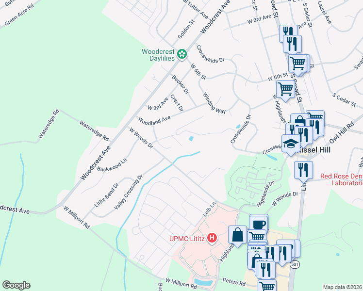 map of restaurants, bars, coffee shops, grocery stores, and more near 349 West Woods Drive in Lititz