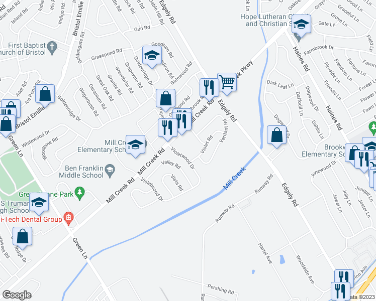 map of restaurants, bars, coffee shops, grocery stores, and more near 6750 Mill Creek Road in Levittown