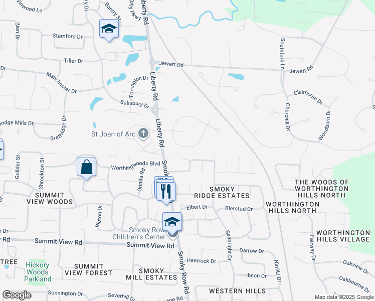 map of restaurants, bars, coffee shops, grocery stores, and more near 2969 Jamestown Drive in Powell