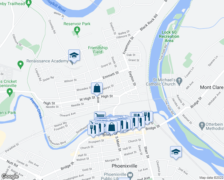 map of restaurants, bars, coffee shops, grocery stores, and more near 250 Penn Street in Phoenixville