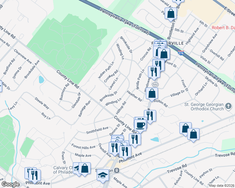 map of restaurants, bars, coffee shops, grocery stores, and more near 25 Brookside Drive in Feasterville-Trevose