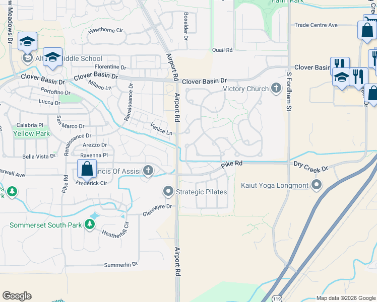 map of restaurants, bars, coffee shops, grocery stores, and more near 3651 Clover Creek Lane in Longmont
