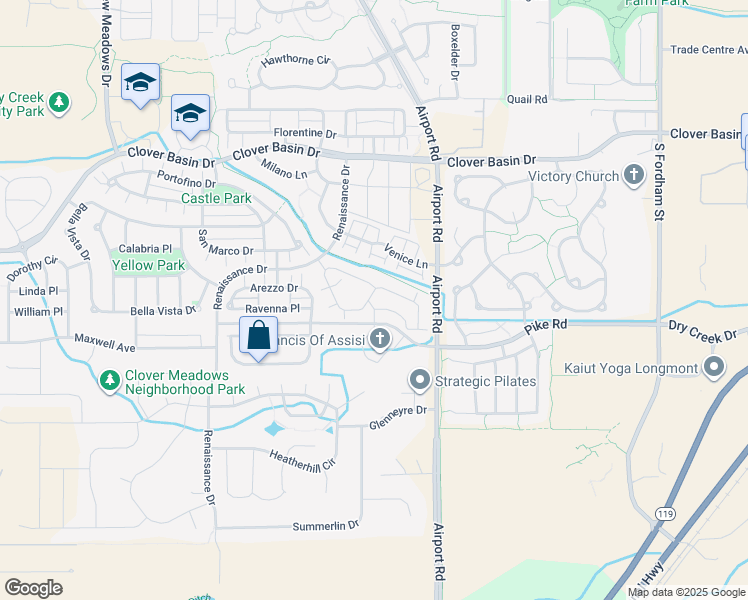 map of restaurants, bars, coffee shops, grocery stores, and more near 3800 Pike Road in Longmont