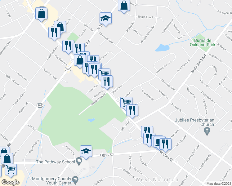 map of restaurants, bars, coffee shops, grocery stores, and more near 8 Potts Avenue in Eagleville