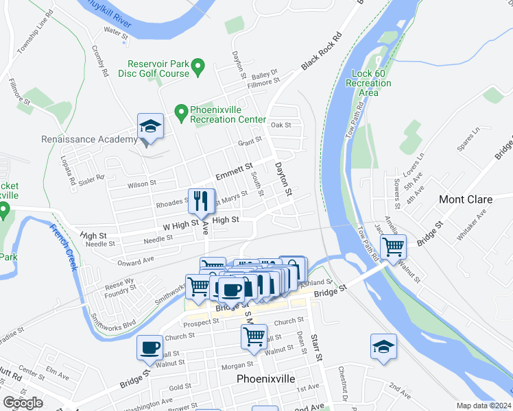 map of restaurants, bars, coffee shops, grocery stores, and more near 250 Penn Street in Phoenixville