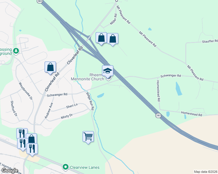 map of restaurants, bars, coffee shops, grocery stores, and more near 1466 Schwanger Road in Mount Joy