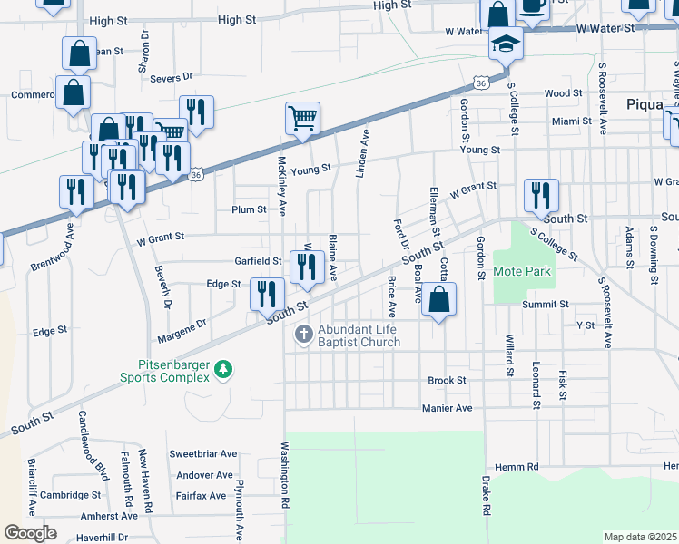 map of restaurants, bars, coffee shops, grocery stores, and more near 1110 South Street in Piqua