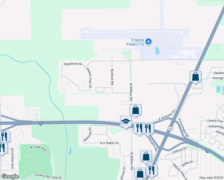 map of restaurants, bars, coffee shops, grocery stores, and more near 504 Beeson Road in Urbana