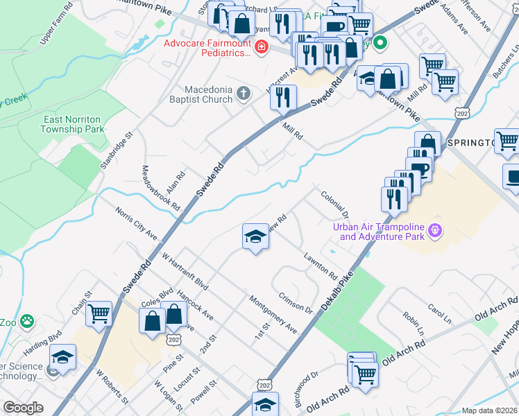 map of restaurants, bars, coffee shops, grocery stores, and more near 2329 Coles Boulevard in Norristown