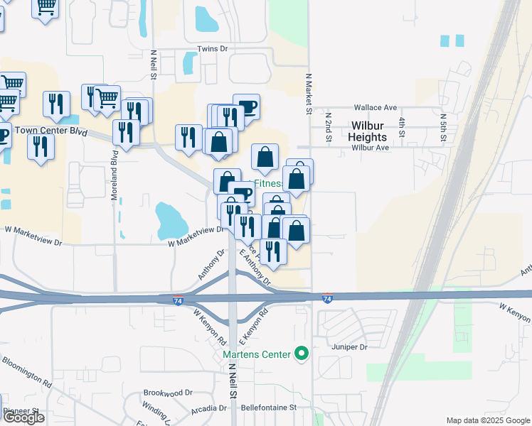 map of restaurants, bars, coffee shops, grocery stores, and more near 109 Convenience Center Road in Champaign