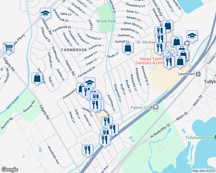 map of restaurants, bars, coffee shops, grocery stores, and more near 50 Kenwood Drive North in Levittown
