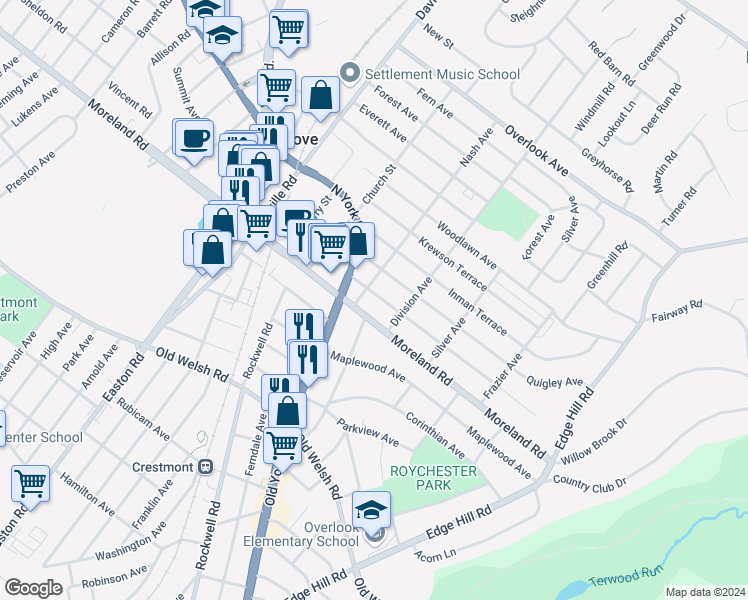 map of restaurants, bars, coffee shops, grocery stores, and more near 204 Evans Avenue in Willow Grove