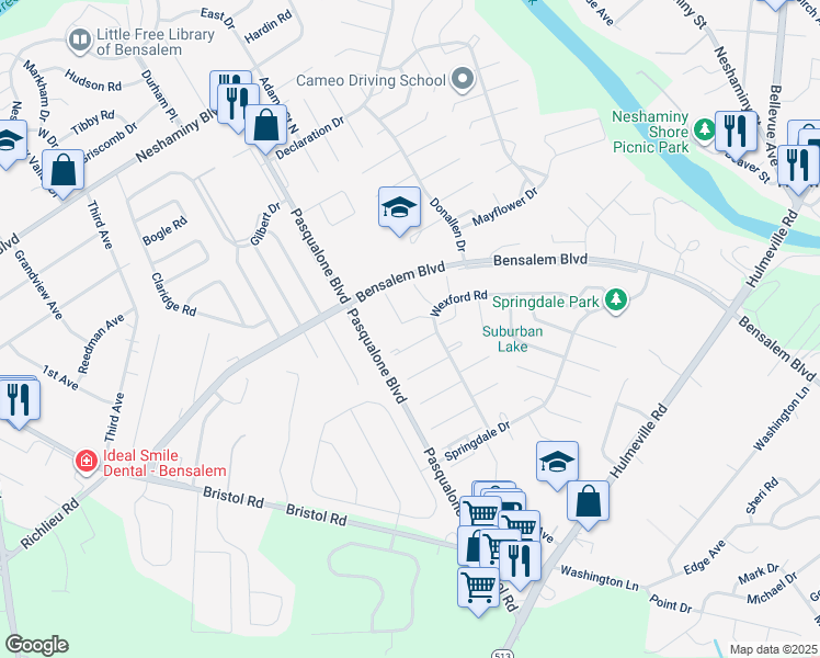 map of restaurants, bars, coffee shops, grocery stores, and more near 5729 Quincy Turn in Bensalem
