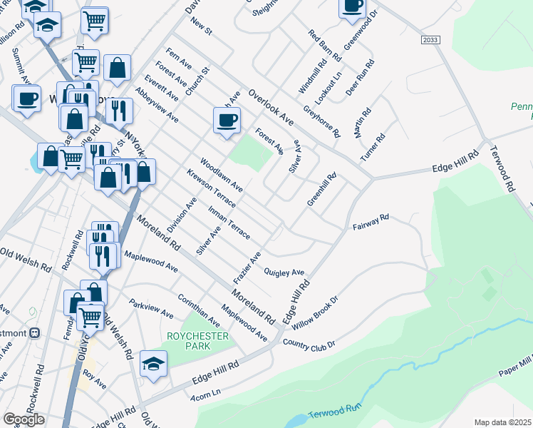 map of restaurants, bars, coffee shops, grocery stores, and more near 418 Woodlawn Avenue in Willow Grove