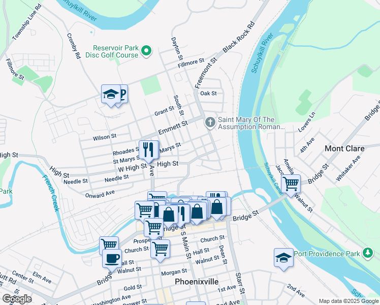 map of restaurants, bars, coffee shops, grocery stores, and more near 250 Penn Street in Phoenixville