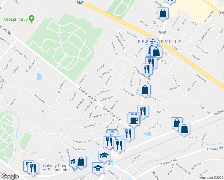 map of restaurants, bars, coffee shops, grocery stores, and more near 25 Brookside Drive in Feasterville-Trevose