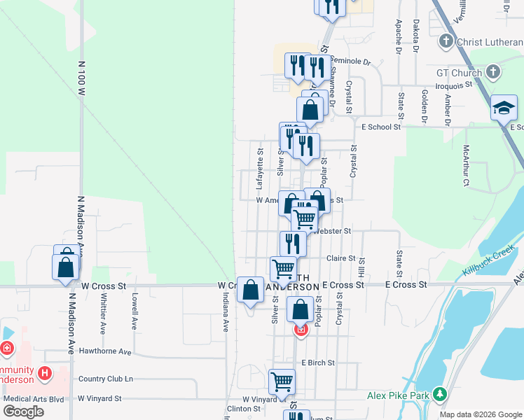 map of restaurants, bars, coffee shops, grocery stores, and more near 2230 Lafayette Street in Anderson