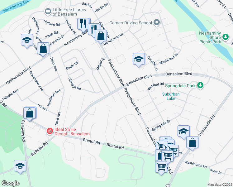 map of restaurants, bars, coffee shops, grocery stores, and more near 3301 Glendale Drive in Bensalem